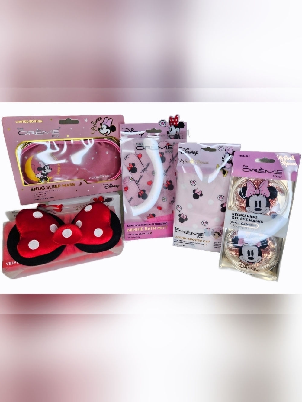 NIB Creme Shop Minnie Mouse Headband Showercap Eye Mask Sleep Mask Bath Mitt Set